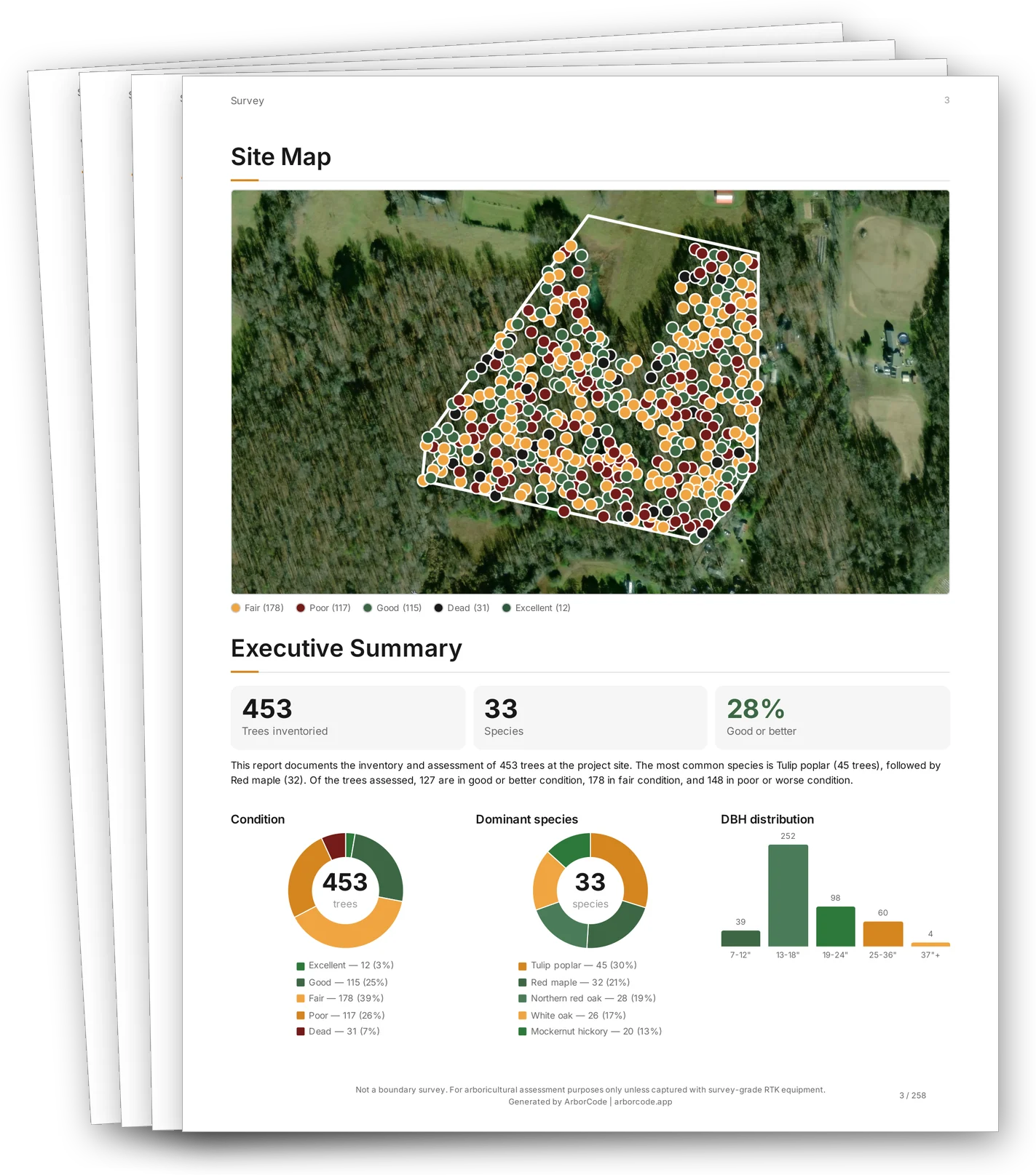 A finished multi-page ArborCode report: a site map, an executive summary, and tree-data tables.