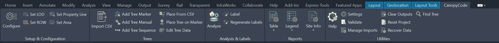 The CanopyCode tab in the AutoCAD ribbon, with grouped commands for setup, trees, analysis and labels, reports, and utilities